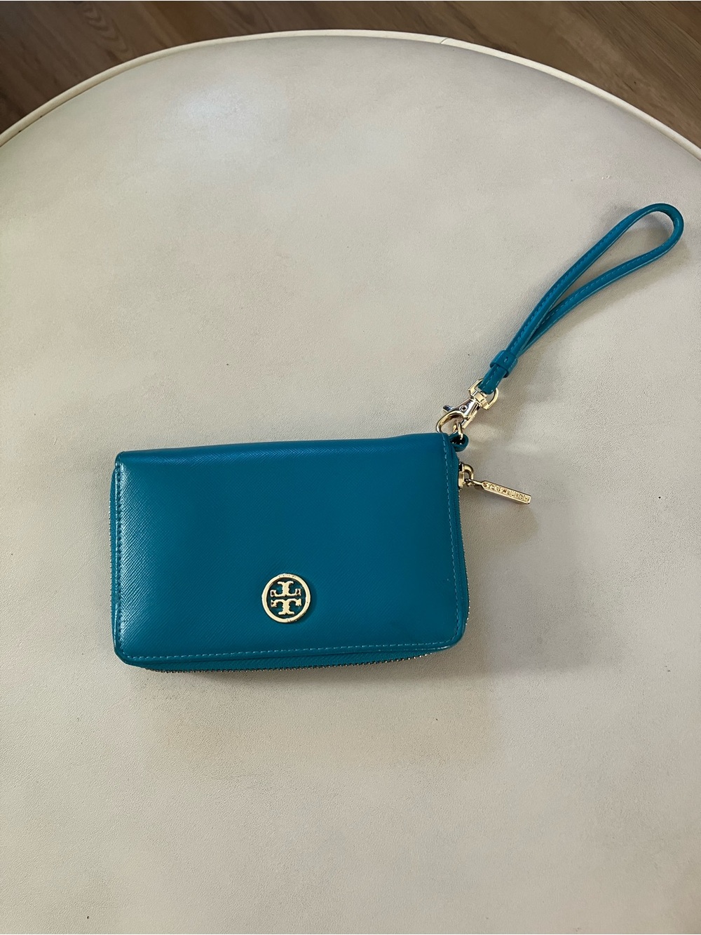 Tory Burch Teal Leather Wristlet with Gold Logo